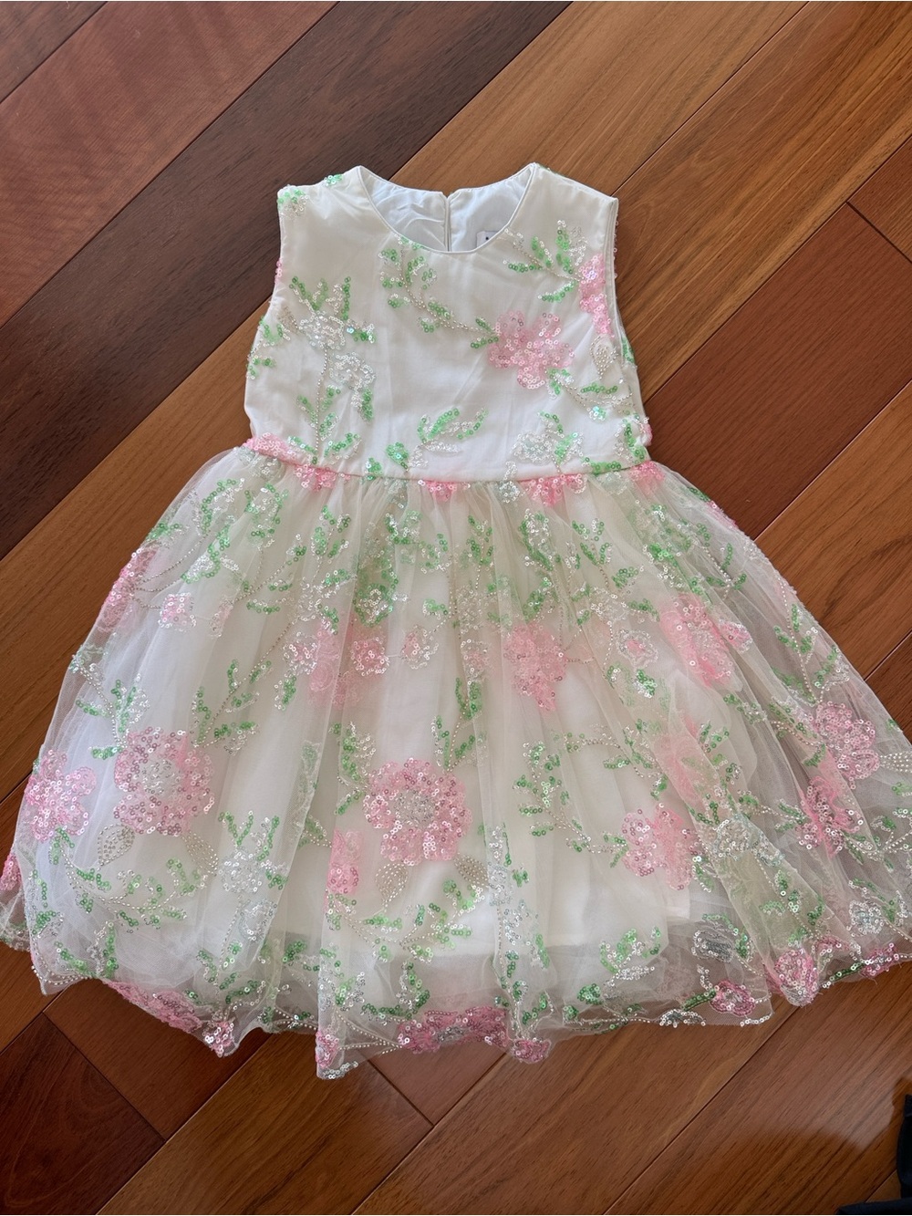 Lola & the Boys White Tulle Dress with Pink & Green Floral Sequin Embroidery